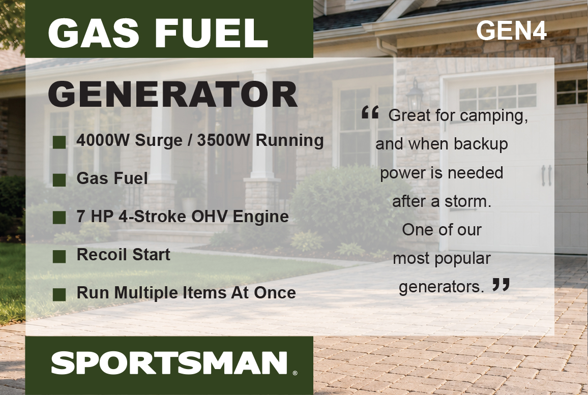 Gas fuel generator for use during power outage.